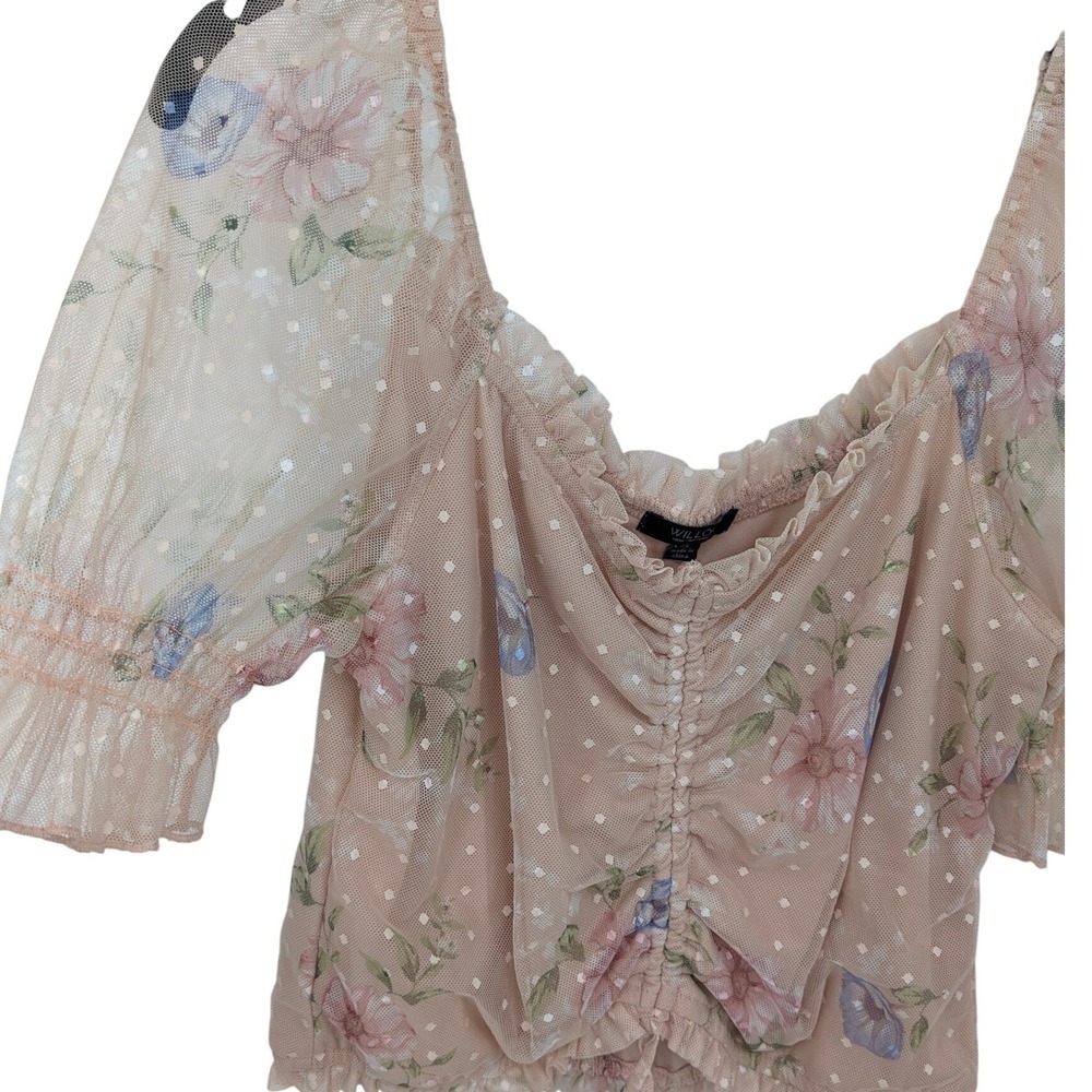 Fairycore Mesh Top Womens XL Pink Floral Ruched Crop Puff Sleeve Coquette Ruffle
